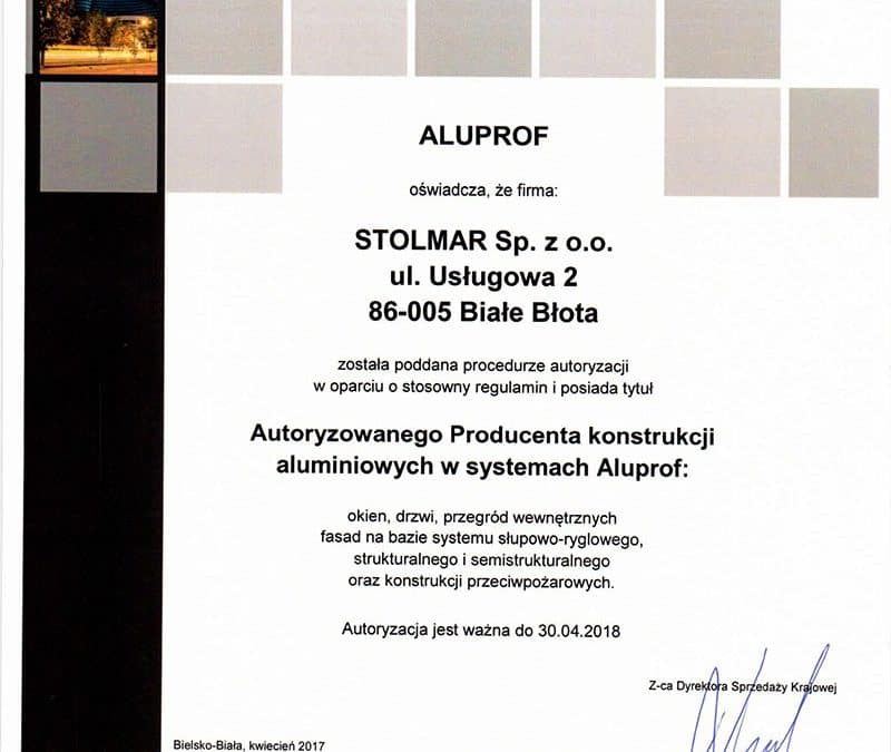 Świadectwo autoryzowanego producenta Aluprof