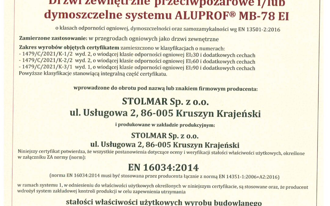 Certyfikat Stałości Właściwości Użytkowych – Drzwi zewnętrzne przeciwpożarowe i/lub dymoszczelne systemu ALUPROF MB-78 EI