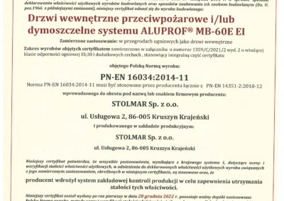 Krajowy Certyfikat Stałości Właściwości Użytkowych – Drzwi wewnętrzne przeciwpożarowe i/lub dymoszczelne systemu ALUPROF MB-60E EI