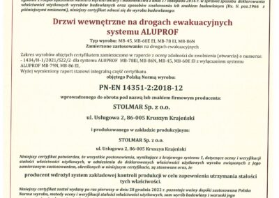 Krajowy Certyfikat Stałości Właściwości Użytkowych – Drzwi wewnętrzne dymoszczelne systemu ALUPROF MB-45