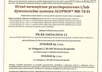 Krajowy Certyfikat Stałości Właściwości Użytkowych – Drzwi wewnętrzne przeciwpożarowe i/lub dymoszczelne systemu ALUPROF MB-78 EI